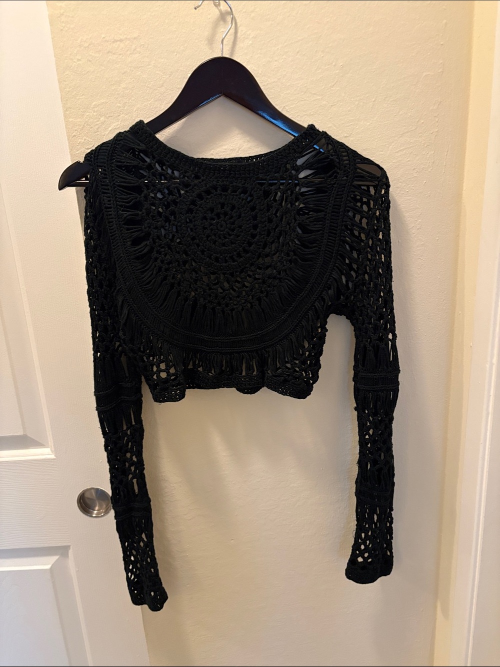 Nasty Gal Black Crochet Long Sleeve Crop Top